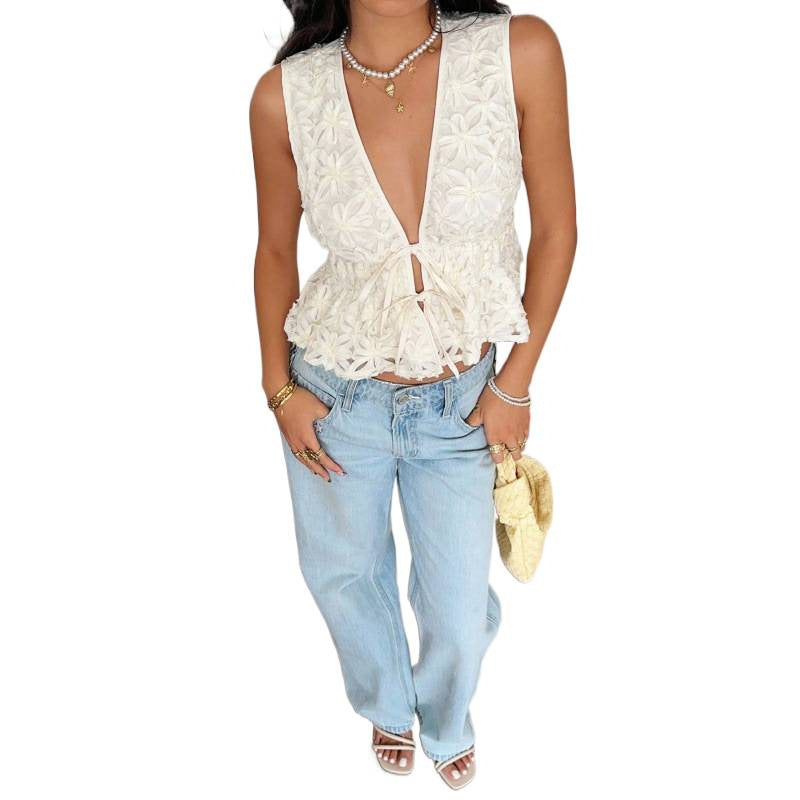 Sleeveless Ruffled Top with Waist Tie