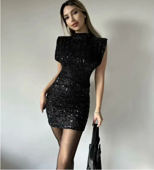 Sleeveless Stand-Up Shoulder Dress with Sequins, Slim-Fitting Bodycon Short Dress