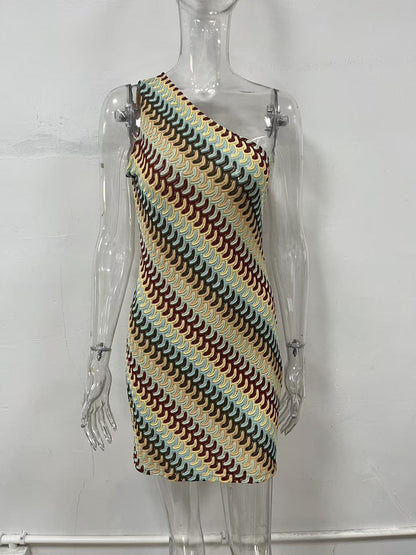 Sleeveless Striped One-Shoulder Knitted Dress