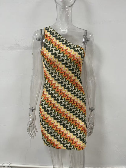 Sleeveless Striped One-Shoulder Knitted Dress
