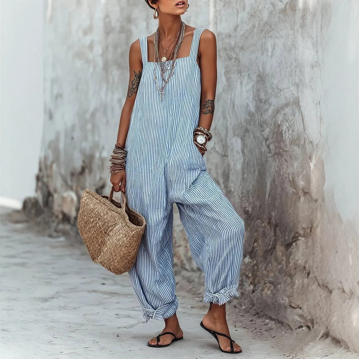Sleeveless Striped Print Loose Casual Jumpsuit for Women