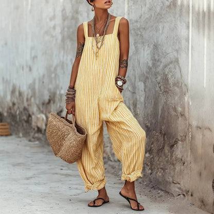 Sleeveless Striped Print Loose Casual Jumpsuit for Women