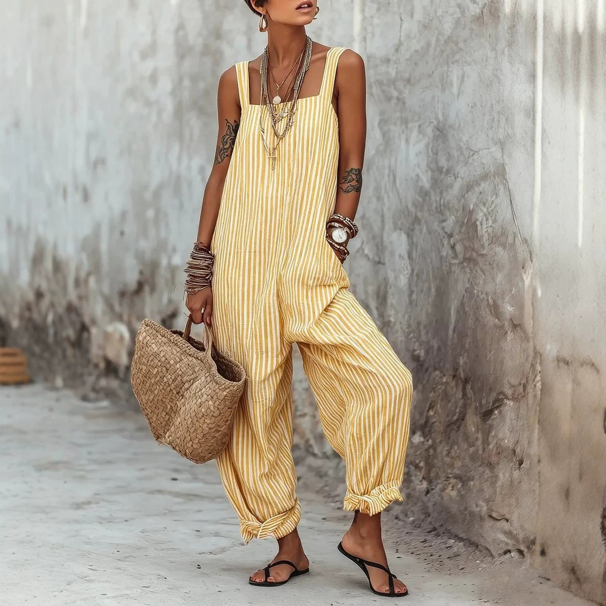 Sleeveless Striped Print Loose Casual Jumpsuit for Women