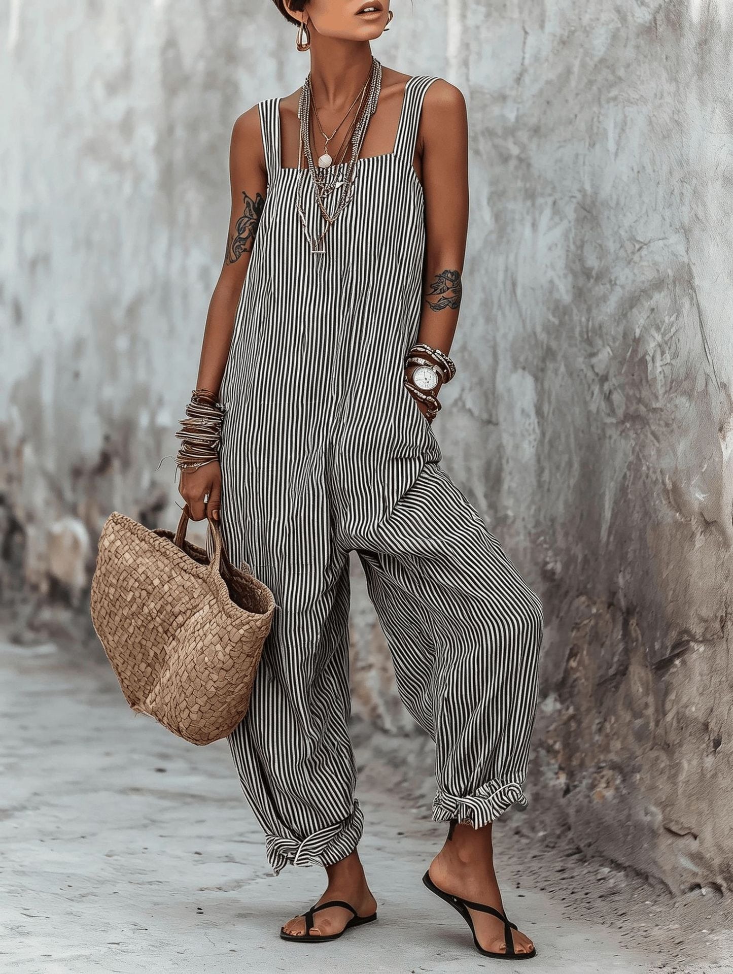 Sleeveless Striped Print Loose Casual Jumpsuit for Women