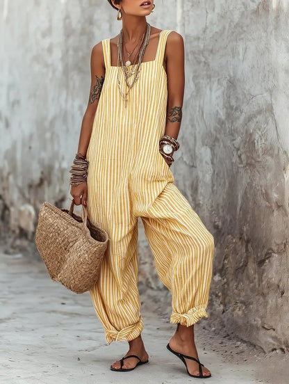 Sleeveless Striped Print Loose Casual Jumpsuit for Women