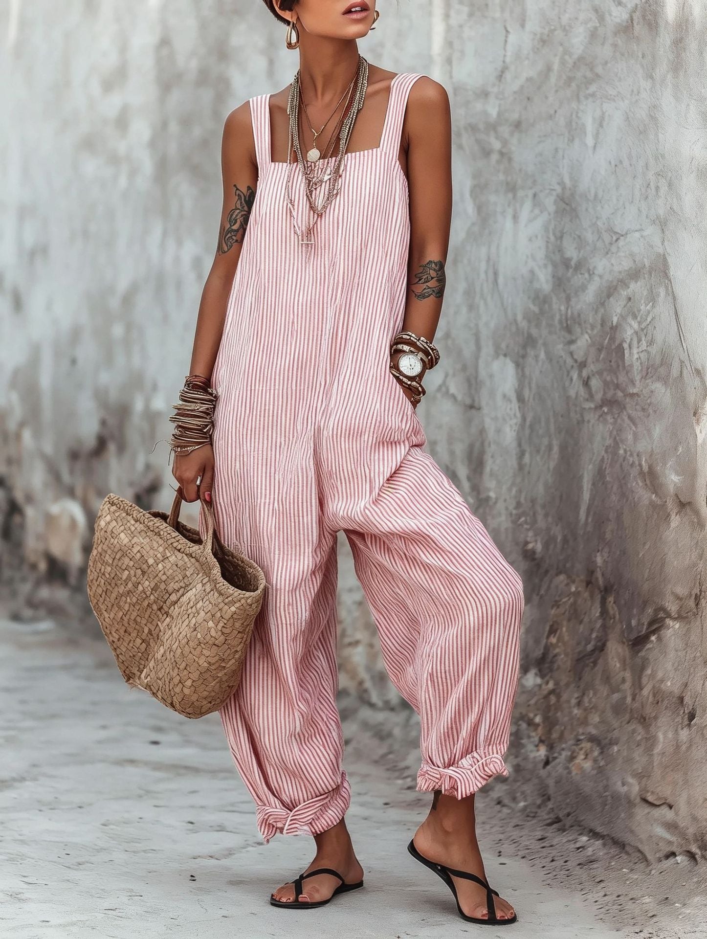Sleeveless Striped Print Loose Casual Jumpsuit for Women