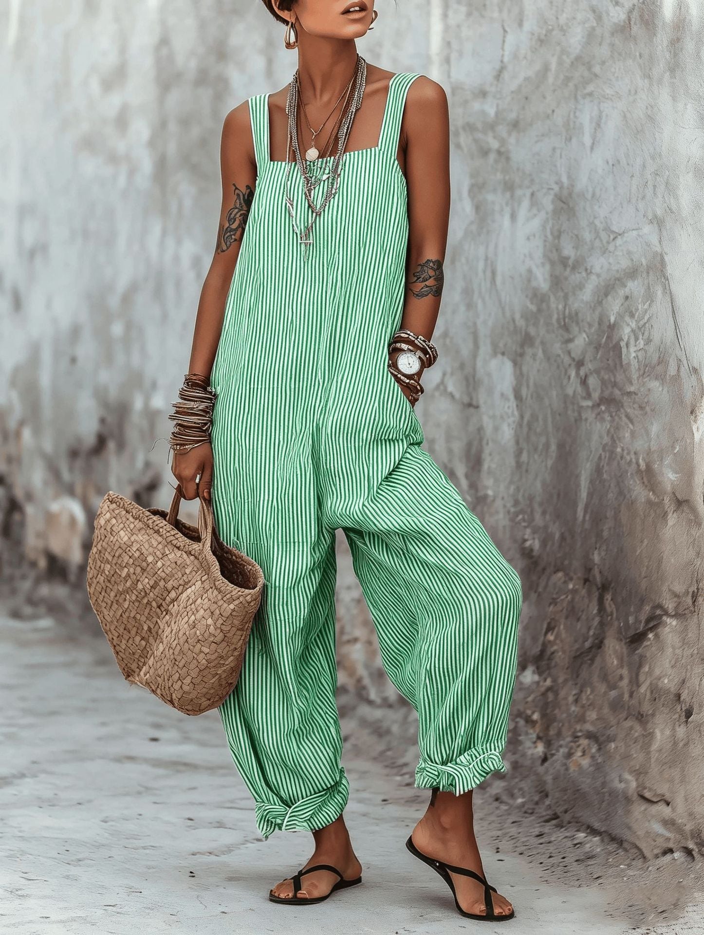 Sleeveless Striped Print Loose Casual Jumpsuit for Women