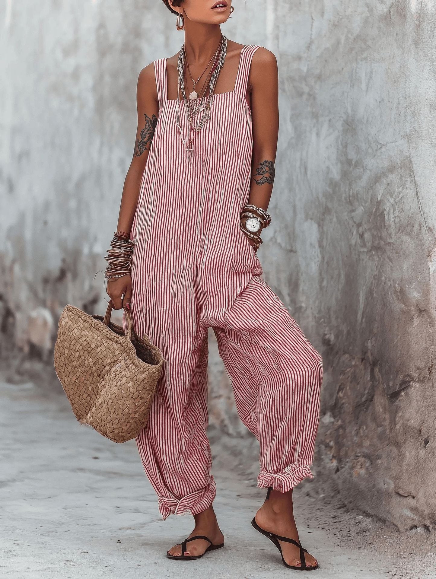 Sleeveless Striped Print Loose Casual Jumpsuit for Women