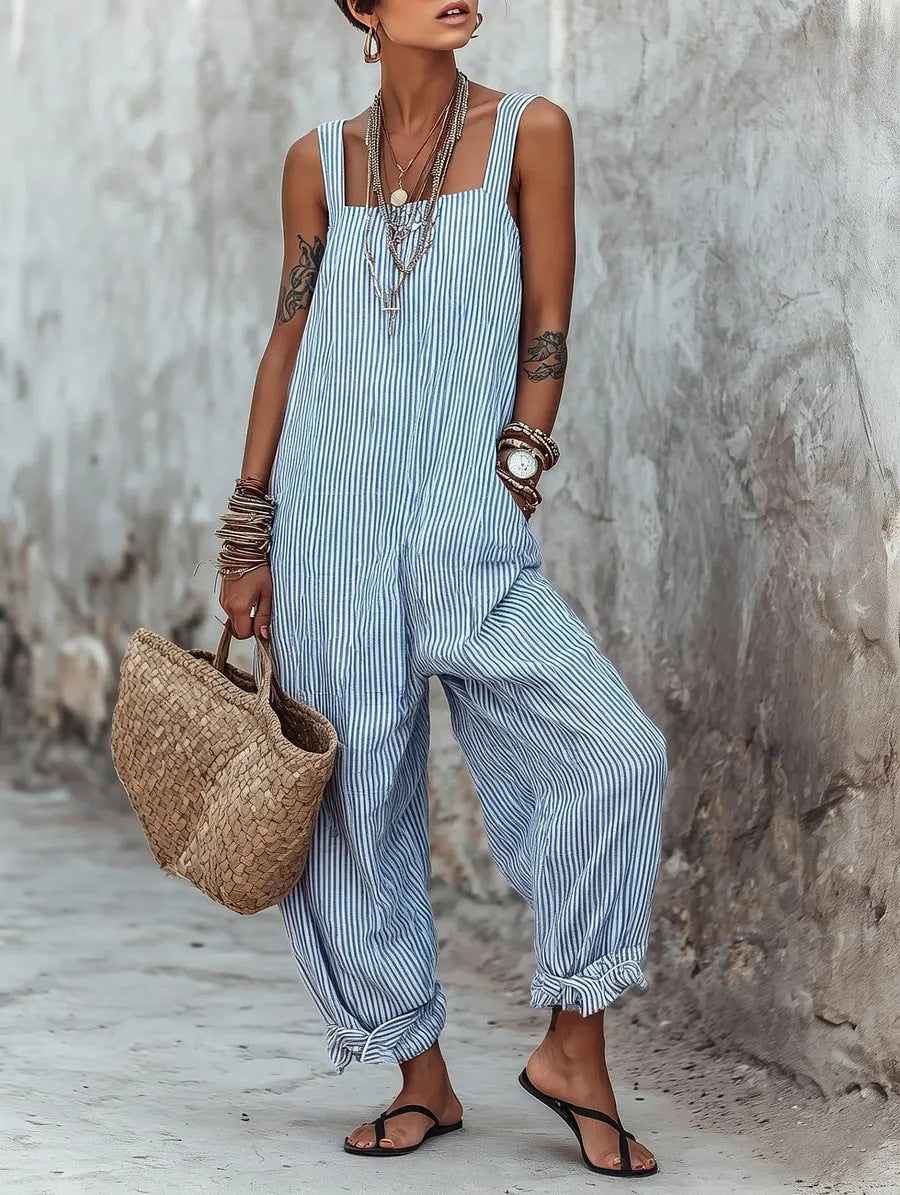 Sleeveless Striped Print Loose Casual Jumpsuit for Women