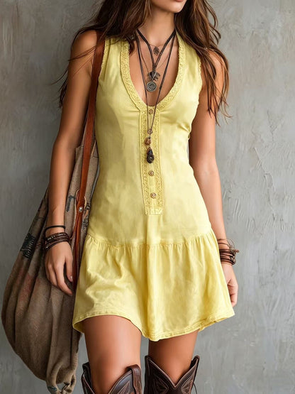 Sleeveless U-Neck Button Dress