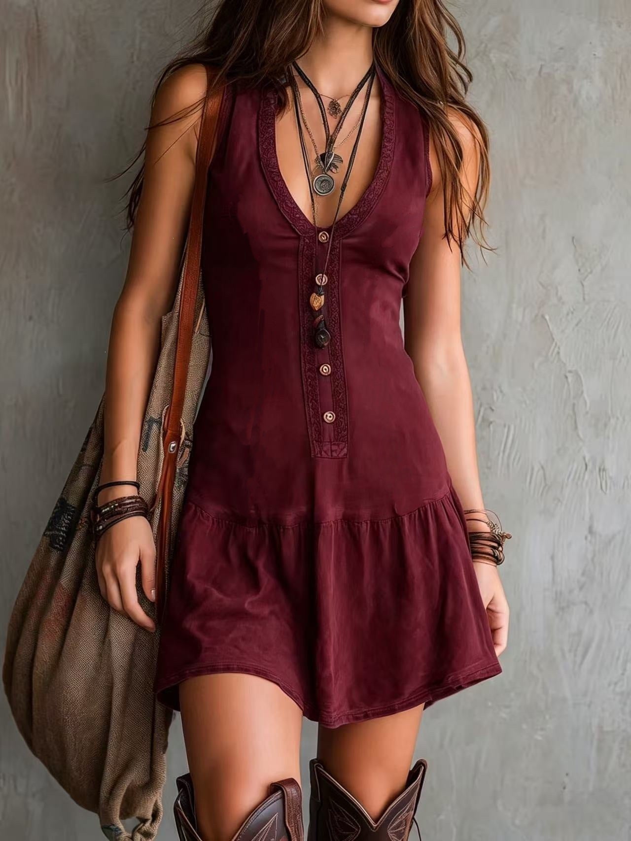 Sleeveless U-Neck Button Dress