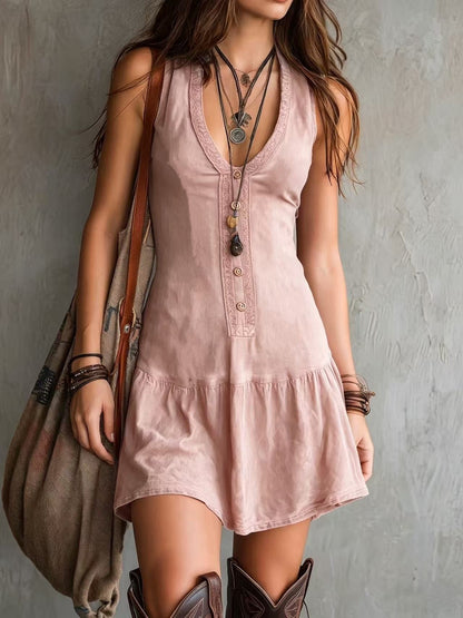 Sleeveless U-Neck Button Dress