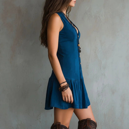 Sleeveless U-Neck Button Dress