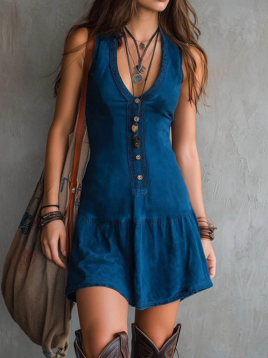 Sleeveless U-Neck Button Dress