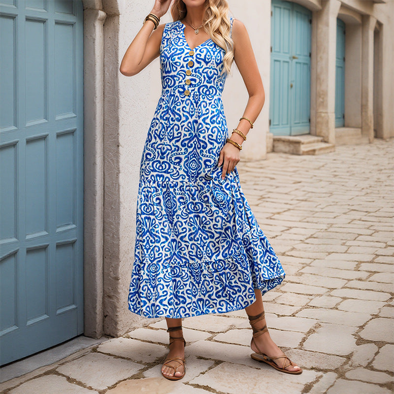 Sleeveless V-Neck Abstract Print Dress