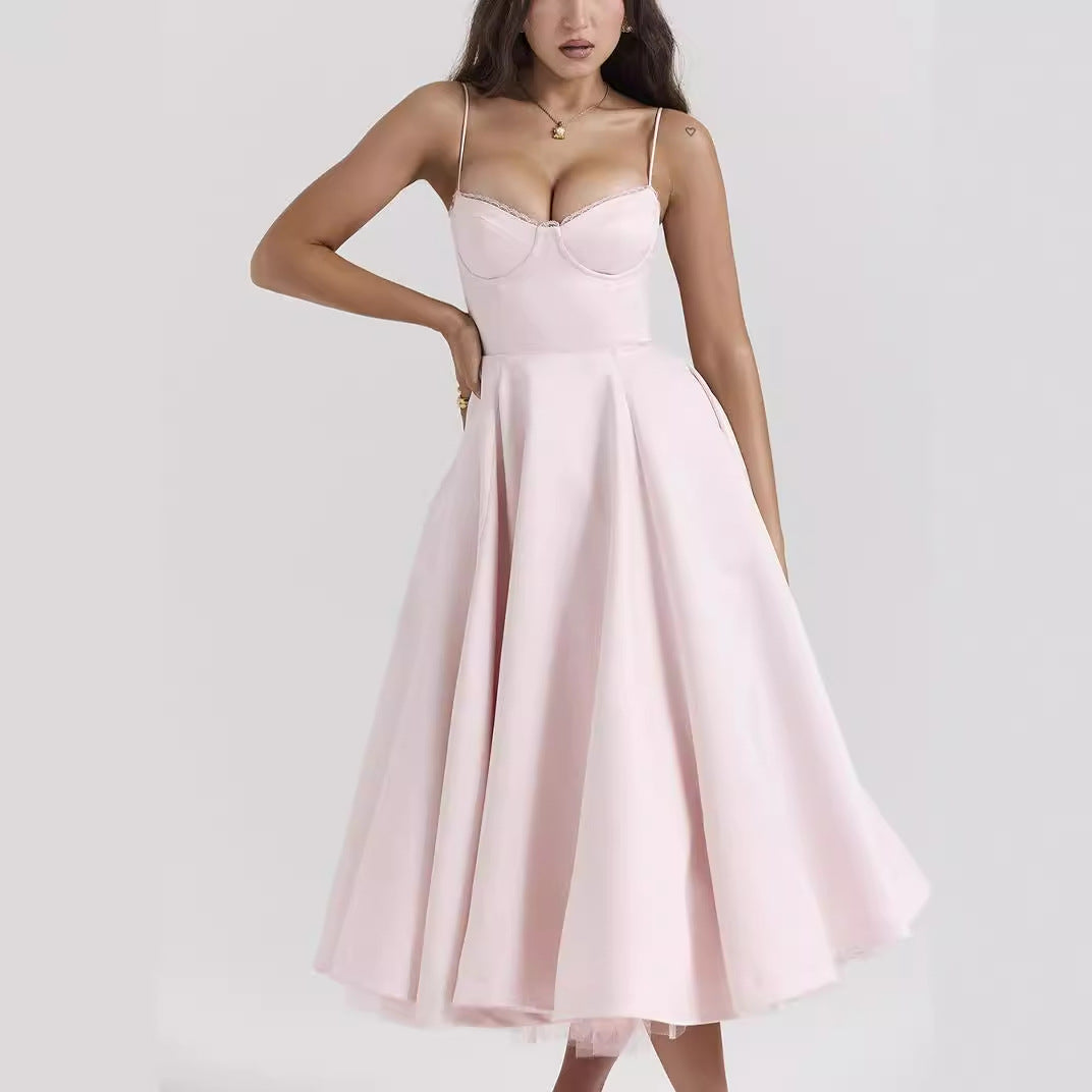 Sleeveless V Neck Camisole Dress Puff Skirt Maxi Style