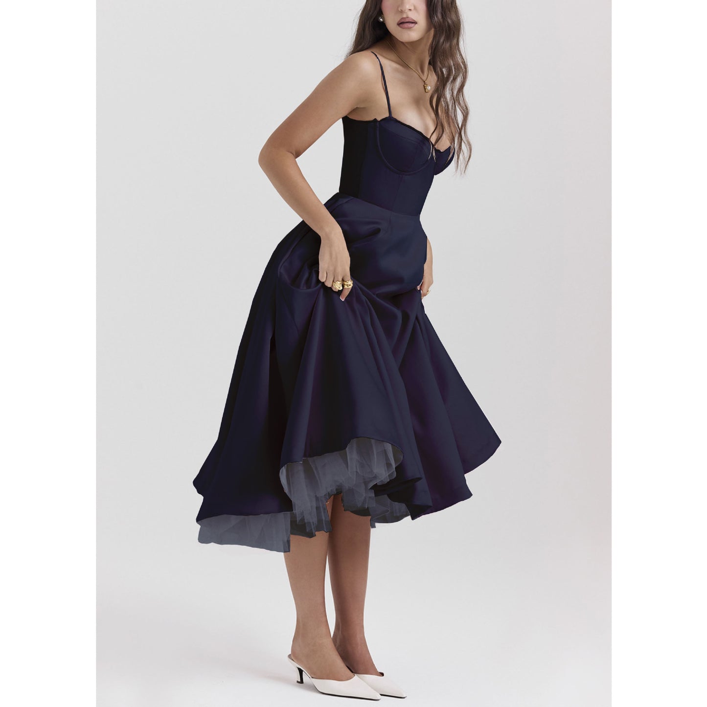 Sleeveless V Neck Camisole Dress Puff Skirt Maxi Style