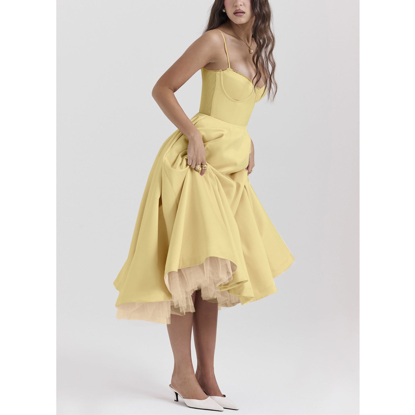 Sleeveless V Neck Camisole Dress Puff Skirt Maxi Style