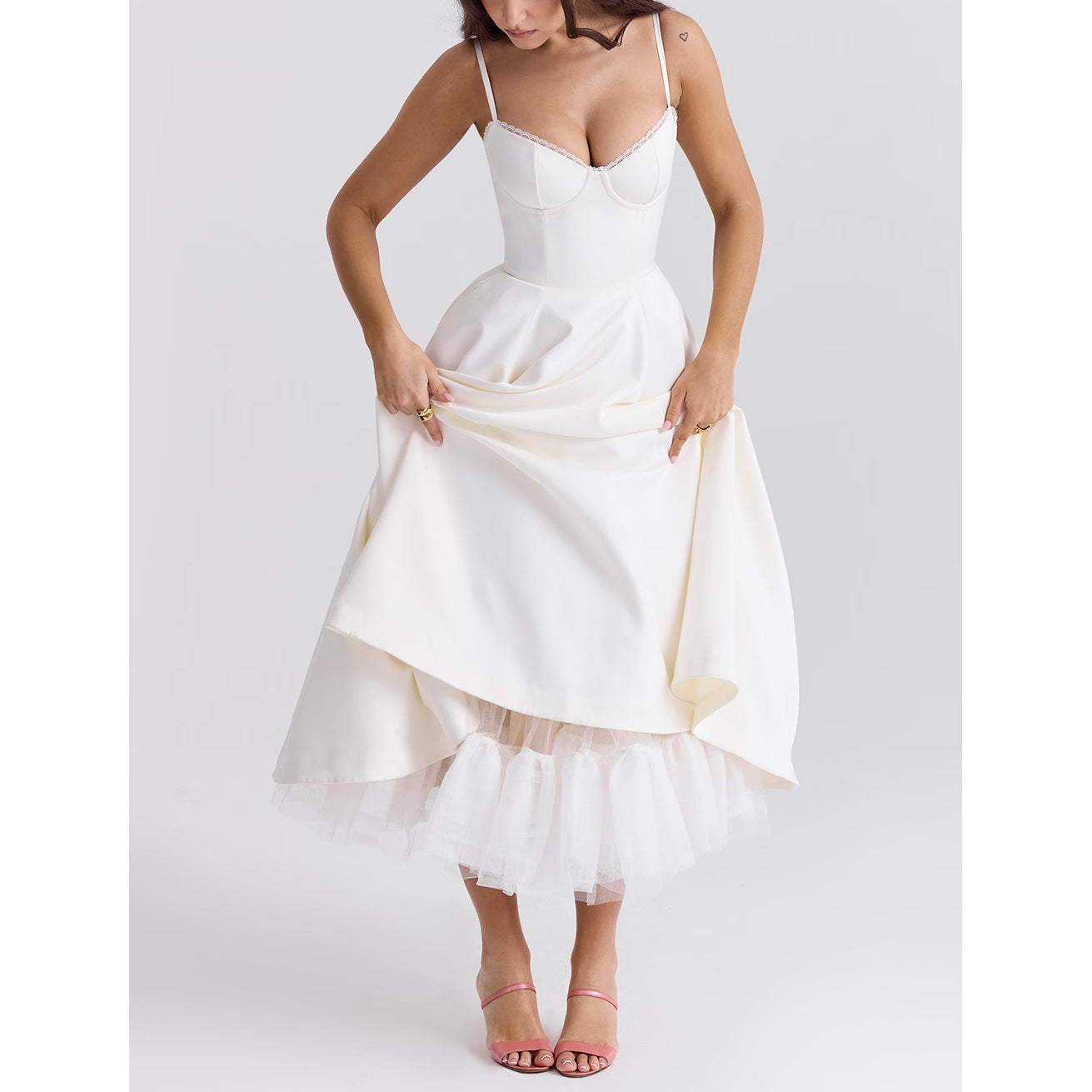 Sleeveless V Neck Camisole Dress Puff Skirt Maxi Style