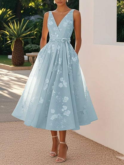 Sleeveless V-Neck Floral Print Evening Dress
