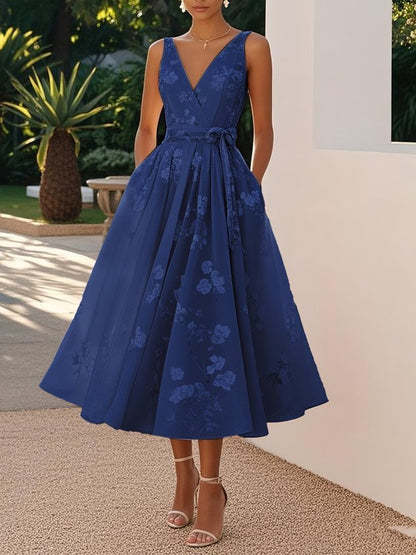 Sleeveless V-Neck Floral Print Evening Dress
