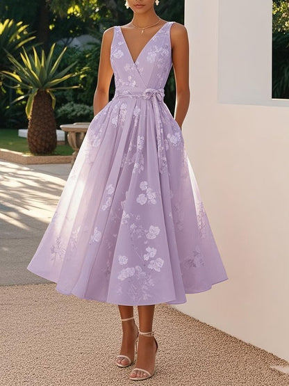 Sleeveless V-Neck Floral Print Evening Dress