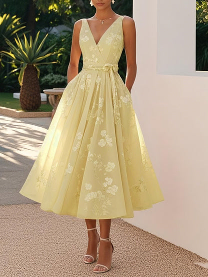 Sleeveless V-Neck Floral Print Evening Dress