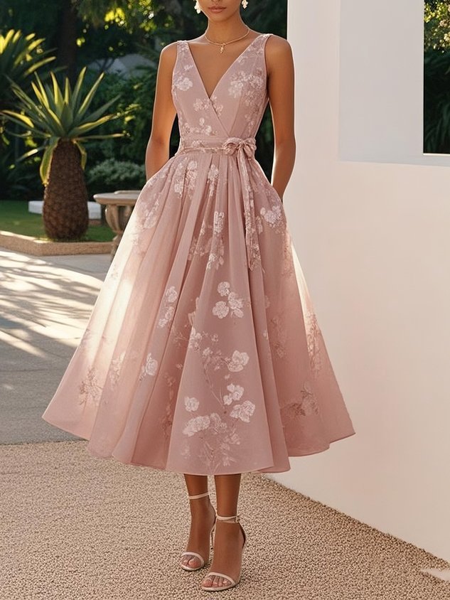 Sleeveless V-Neck Floral Print Evening Dress