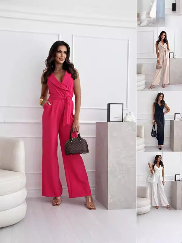 Sleeveless V-Neck High-Waist Tie-Waist Jumpsuit