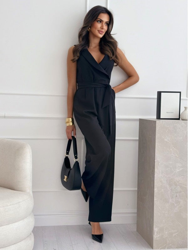Sleeveless V-Neck High-Waist Tie-Waist Jumpsuit
