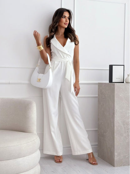 Sleeveless V-Neck High-Waist Tie-Waist Jumpsuit