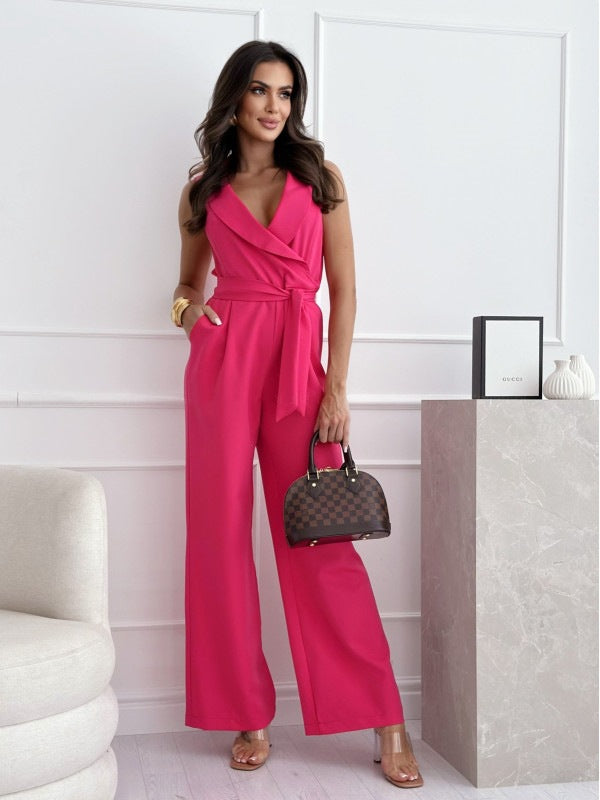 Sleeveless V-Neck High-Waist Tie-Waist Jumpsuit