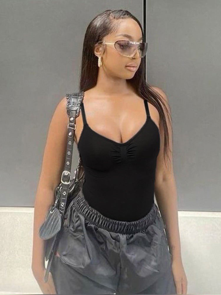 Sleeveless V-Neck Pleated Bodysuit