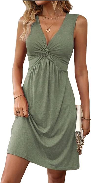 Sleeveless V-Neck Pleated Waist Dress