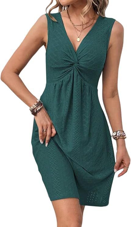 Sleeveless V-Neck Pleated Waist Dress