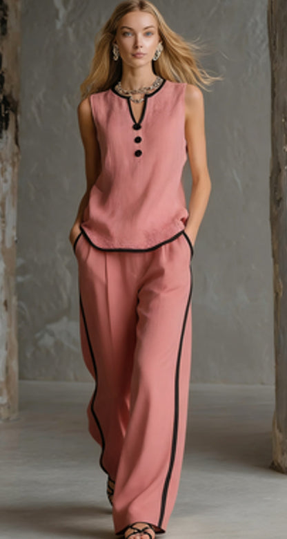Sleeveless V-Neck Top and Wide-Leg Pants