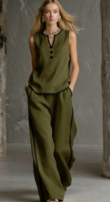 Sleeveless V-Neck Top and Wide-Leg Pants