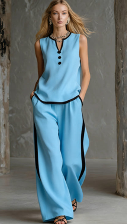 Sleeveless V-Neck Top and Wide-Leg Pants