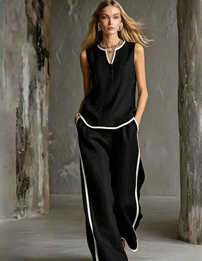 Sleeveless V-Neck Top and Wide-Leg Pants
