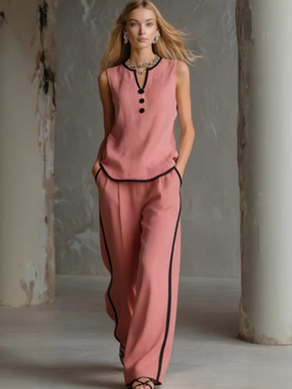 Sleeveless V-Neck Top and Wide-Leg Pants