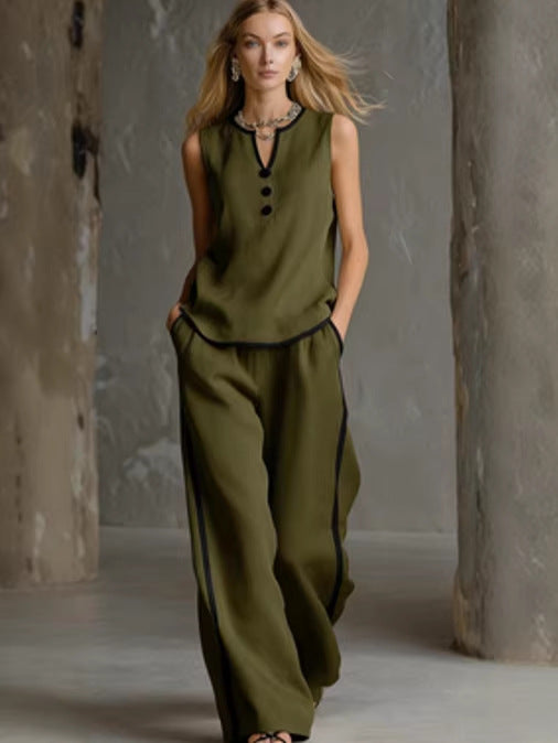 Sleeveless V-Neck Top and Wide-Leg Pants