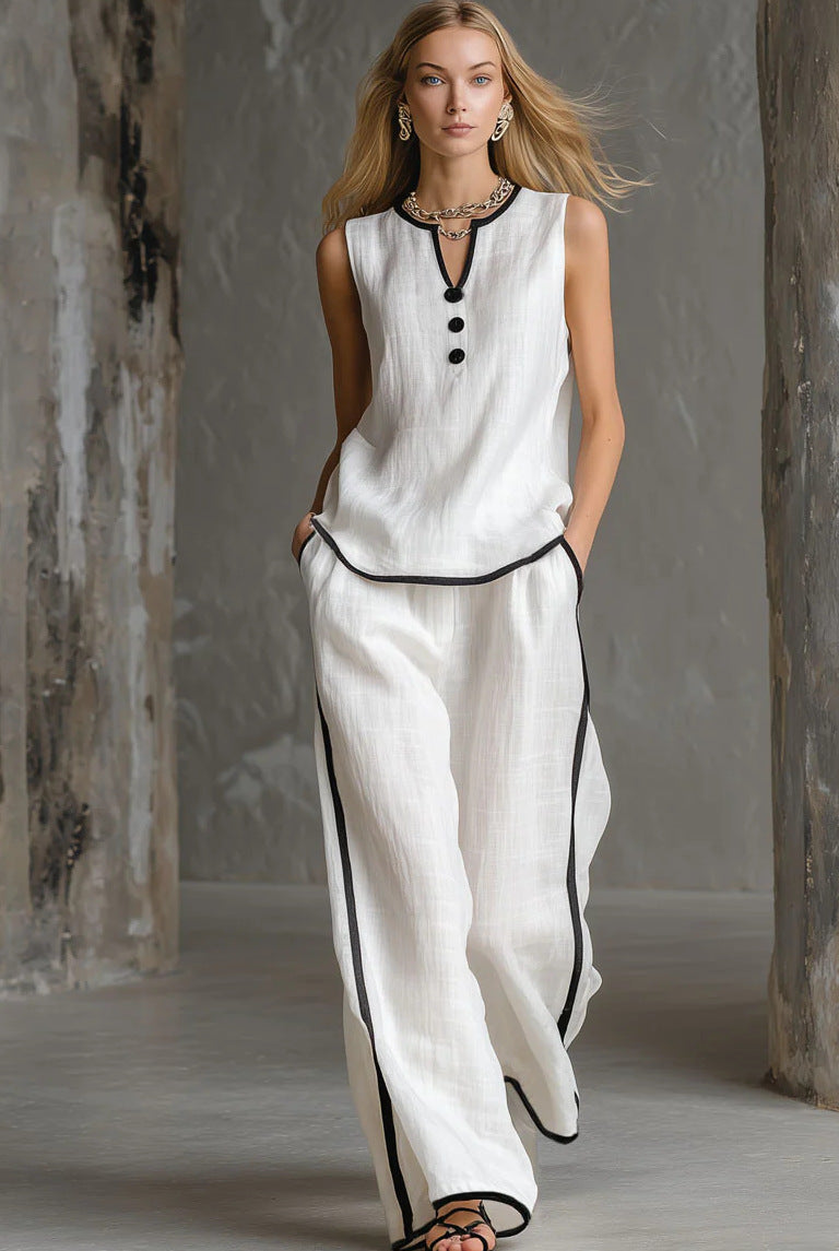 Sleeveless V-Neck Top and Wide-Leg Pants