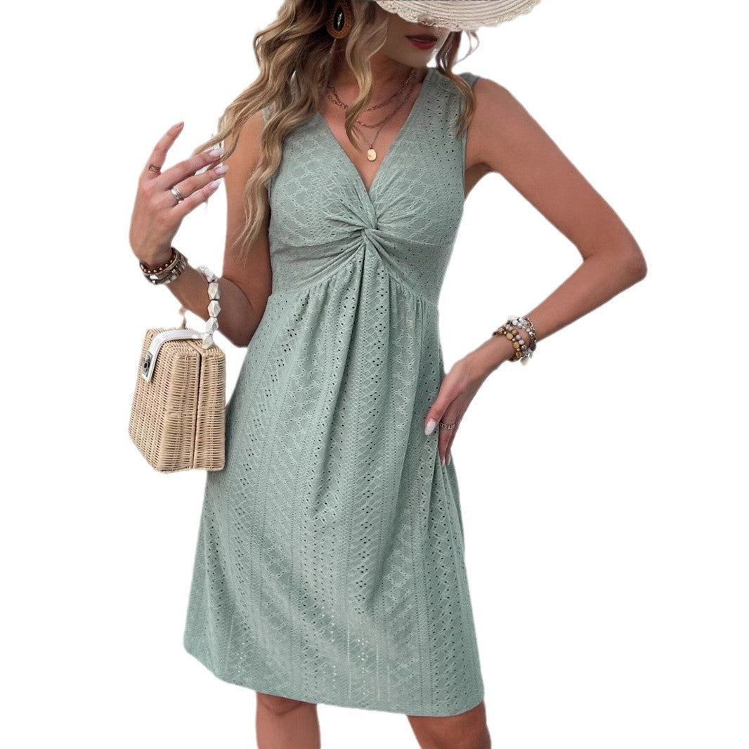 Sleeveless V-Neck Twist Waist Dress