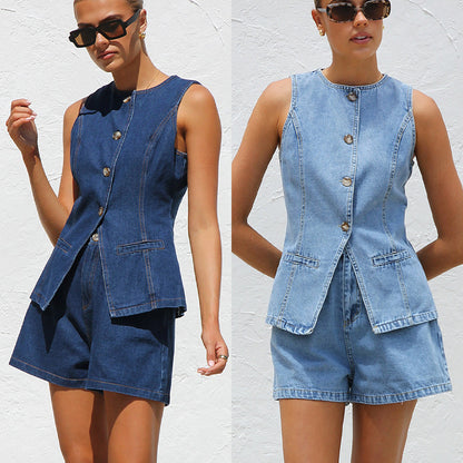 Sleeveless Waist High Waist Loose Denim Shorts Suit
