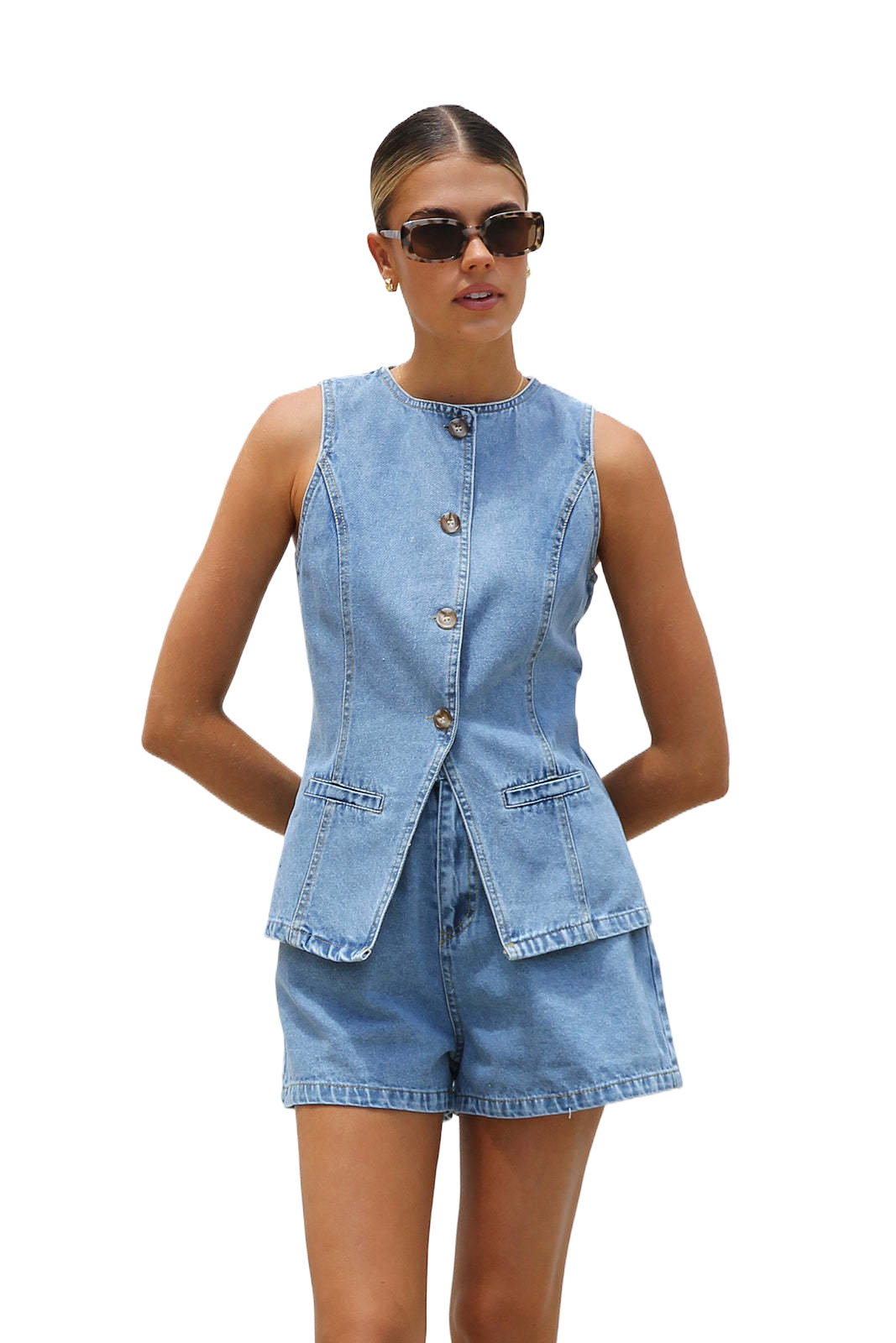 Sleeveless Waist High Waist Loose Denim Shorts Suit