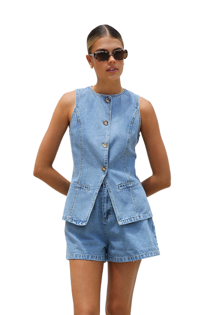 Sleeveless Waist High Waist Loose Denim Shorts Suit