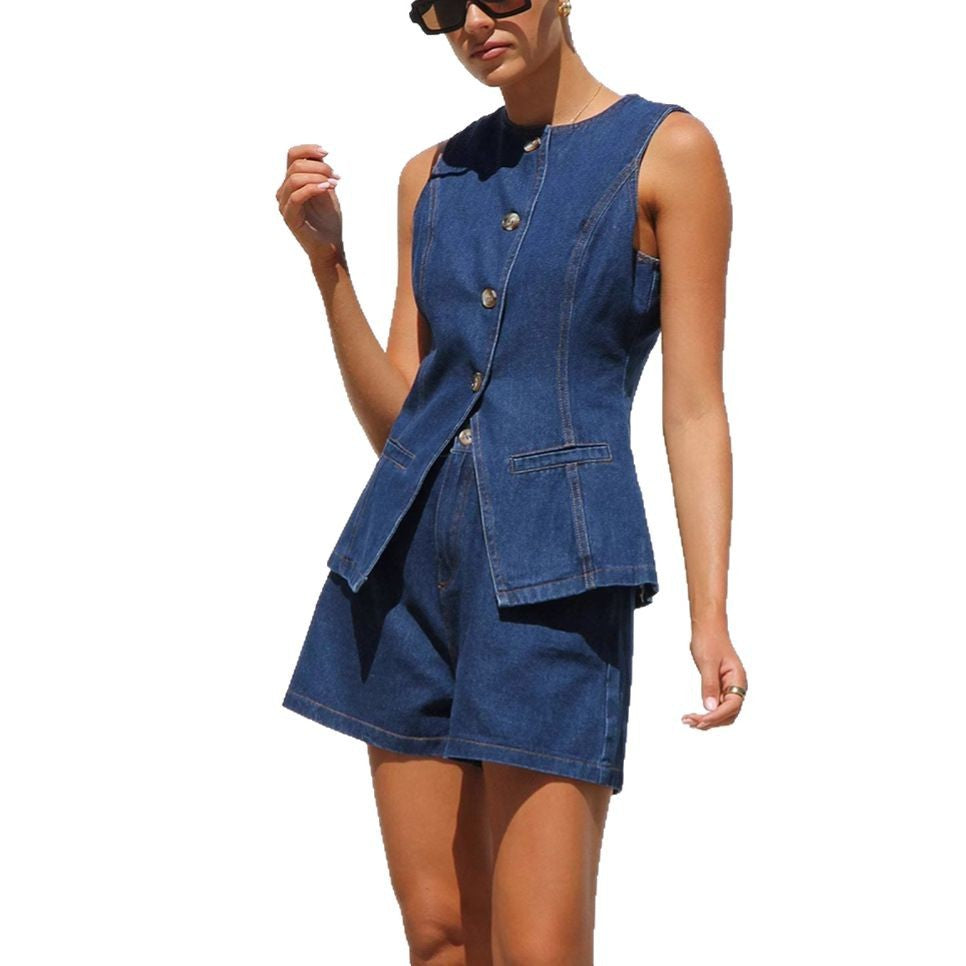 Sleeveless Waist High Waist Loose Denim Shorts Suit