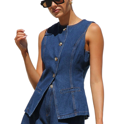 Sleeveless Waist High Waist Loose Denim Shorts Suit