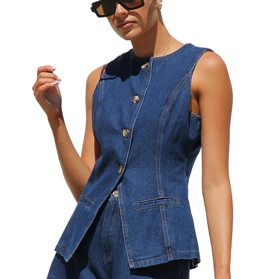 Sleeveless Waist High Waist Loose Denim Shorts Suit