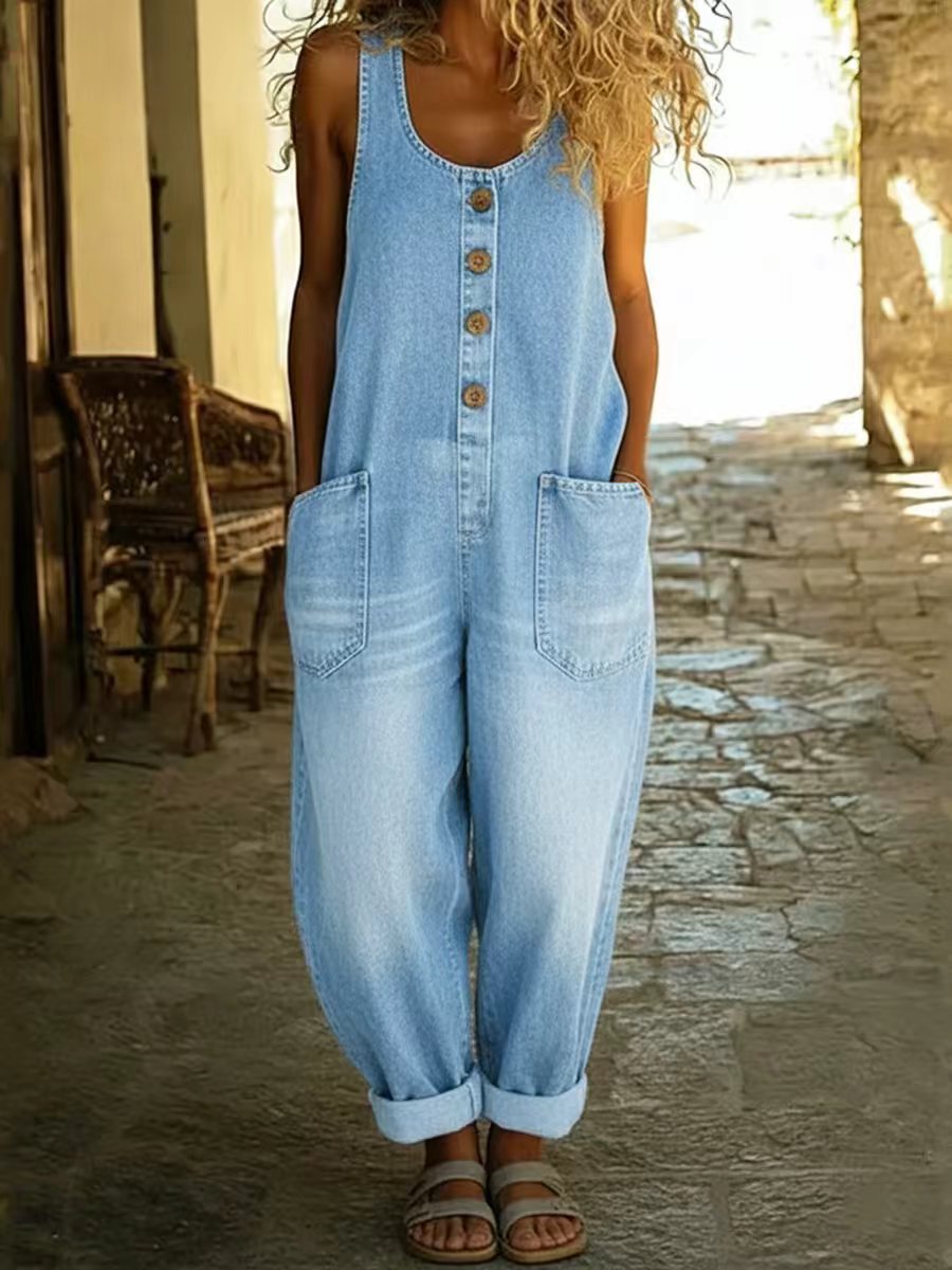 Sleeveless Wide-Leg Denim-Look Jumpsuit